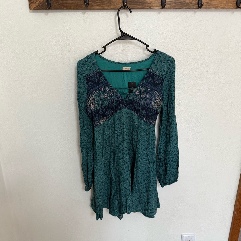 NWT Hollister Boho Teal Long Sleeve Mini Dress